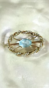 Broche antiguo de 10 k con perlas y aguamarina semillas - Imagen 1 de 6