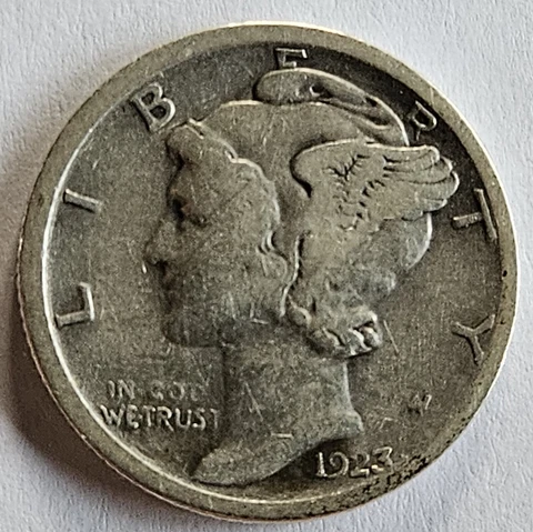U.S.A. 1923-S Mercury Silver Dime, 90% Pure Silver, Excellent Cond, FAST SHIP Cover