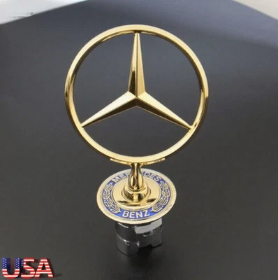 Gold 	Front Hood Ornament Mounted Star Badge Emblem Logo For Mercedes-Benz C E S - Image 1 of 4