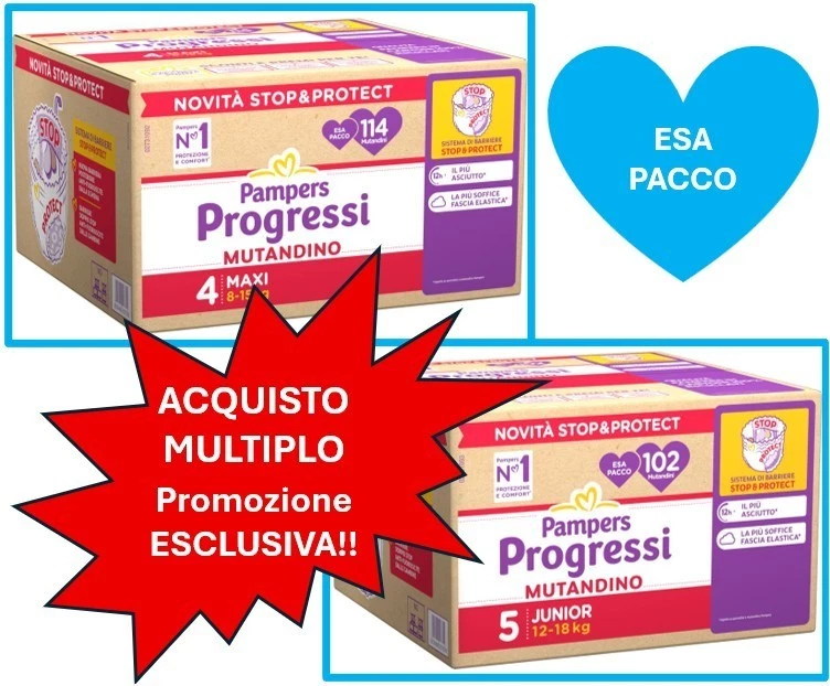 Pampers Progressi Esa Pacco Mutandino - 114 taglia 4 Maxi - 102 taglia 5 Junior - Immagine 1 di 1