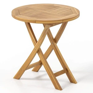 Patio Teak Wood Dining Table 27.5" Round Side Table w/ Slatted Tabletop - Picture 1 of 9