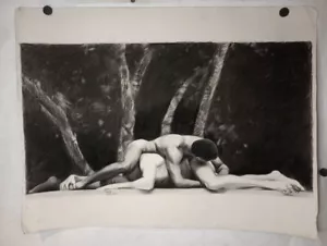 Vintage Homo Erotic Charcoal Drawing of wrestlers? Black and a white Man - Picture 1 of 8