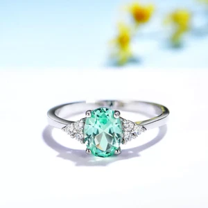 Mint Green Oval Emerald  & Zircon Ring Rhodium on 925 Silver Size  L & N1/2 - Picture 1 of 1