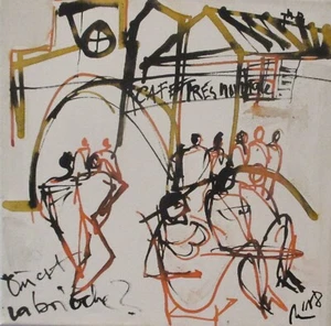 Frauen im Cafe 30x30 Zeichnung auf Leinwand Acryltusche Unikat Kunst - Bild 1 von 8