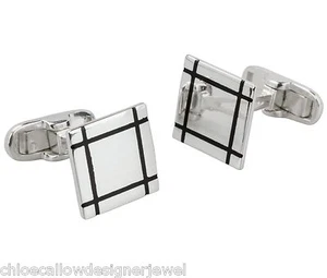 Gemelli in argento sterling quadrati con linee smaltate nere gemelli - Foto 1 di 1