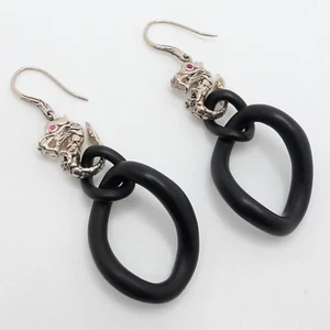 John Hardy Sterling Silver Naga Dragon Black Sapphire Ruby Dangle Earrings - Picture 1 of 8