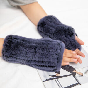Women's Warm Real Rex Rabbit Fur Gloves Winter Knitted Wrist Mittens Xams Gift