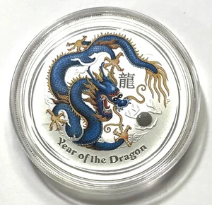 2012 Australia Lunar Year of the Dragon Blue 1 oz .999 Silver Colorized #7478 - Picture 1 of 2