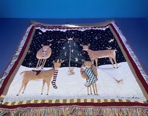 Weihnachten Wandteppich Valerie Evers Wenk Rentier hält Strümpfe Überwurf Decke - Bild 1 von 10
