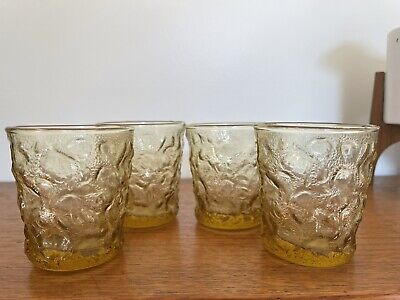4 VTG Anchor Hocking Amber Lido Milano Crinkle Drinking Juice Glasses 3.5in  Cup • 26.90$