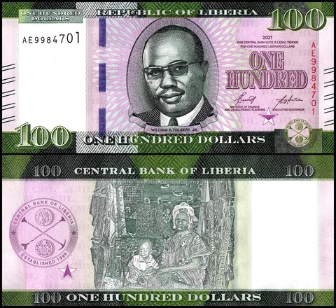 LIBERIA 100 DOLLARS 2021 UNC MARKET WOMAN WITH A DEPICTION OF THE OBVERSE AND RE Cover