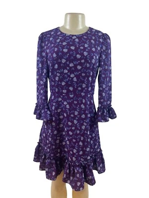 Eliza J 紫色花卉荷叶边长袖连衣裙,背面拉链闭合,尺寸 6 — 第 1/4 张图片