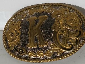 Crumrine Heavy Silver Plate & Gold K on Bronze Belt Buckle Scrolling