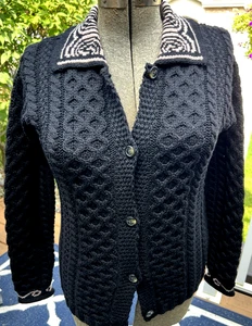 Inis Crafts Sweater Womens Small Black Merino Wool Cable Knit Cardigan Ireland - Picture 1 of 8