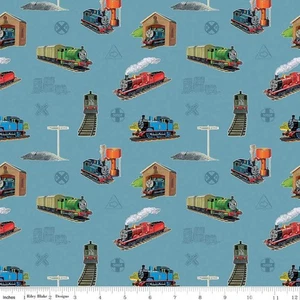Thomas & Friends™ 80th Anniversary Main Blue Cotton Fabric - Picture 1 of 2