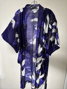 Vtg Ichiban Japan  Kimono Wrap Robe W/Belt 100% Polyester, Purple w/Storks - Picture 1 of 6