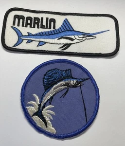 TWO VINTAGE 80's MARLIN FISH FISHING EMBROIDERED SEW-ON & IRON-ON PATCHES - Picture 1 of 4