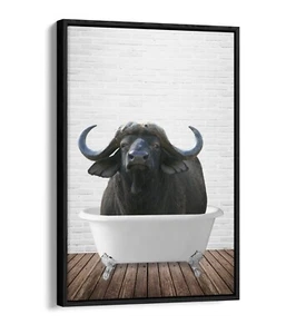 WATER BUFFALO IN BATHTUB -QUIRKY BATHROOM FLOAT EFFECT CANVAS WALL ART PRINT - Picture 1 of 12