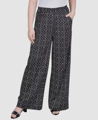 NY Collection Women's Black Printed Pull On Wide Leg Pants Petite Size PL - Image 1 of 3