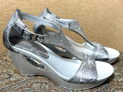 Silver & Rhinestones Size 5 Wedge Cut Out Heels Andrew Geller Arana Sandals 3" - Image 1 of 4