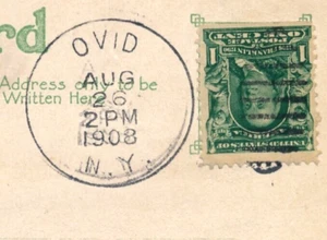 OVID N.Y. OVATE BARRED DUPLEX CANCEL. 1908. VERY SMALL NEW YORK TOWN. - Picture 1 of 3