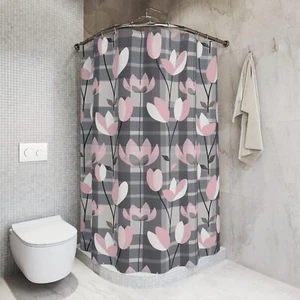 Cortina de Ducha Tela Escocesa Estampado Floral Gris y Rosa, Baño Decoración Regalo - Imagen 1 de 6