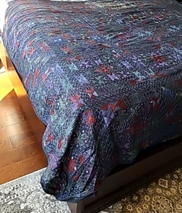 New Vintage Boho Beaded Embroidered Silk Cotton South East Asian Bed Cover Queen - Picture 1 of 8