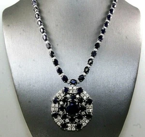 Oval Blue Sapphire & Diamond Cluster Necklace Pendant 14K White Gold 74.62Ct - Picture 1 of 9