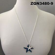 SeaLife Inspired Blue Rhinestone Double Starfish Pendant Silver Finish Necklace 