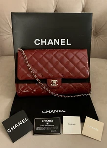 Chanel CC Classic Quilted Patent Leather Flap Shoulder Bag Clutch, Dark Red, EUC - Picture 1 of 24