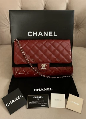 Chanel CC Classic Quilted Patent Leather Flap Shoulder Bag Clutch, Dark Red, EUC - Image 1 of 4