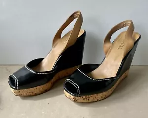 Prada Black Patent Leather Strappy Cork Platform Sling Back Wedge EU 35 US 4 - Picture 1 of 8