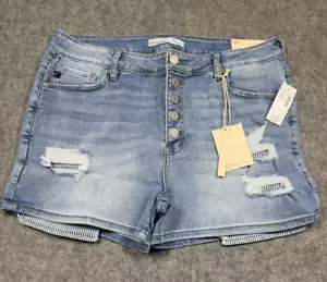 KanCan Womens 31 High Rise Light Wash Distressed Denim Shorts Blue Boho Button - Picture 1 of 7