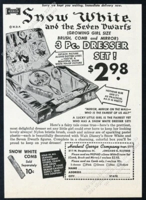 1947 Disney Blancanieves y los siete enanitos cepillo peine espejo conjunto foto Herco anuncio Foto 1 de 4