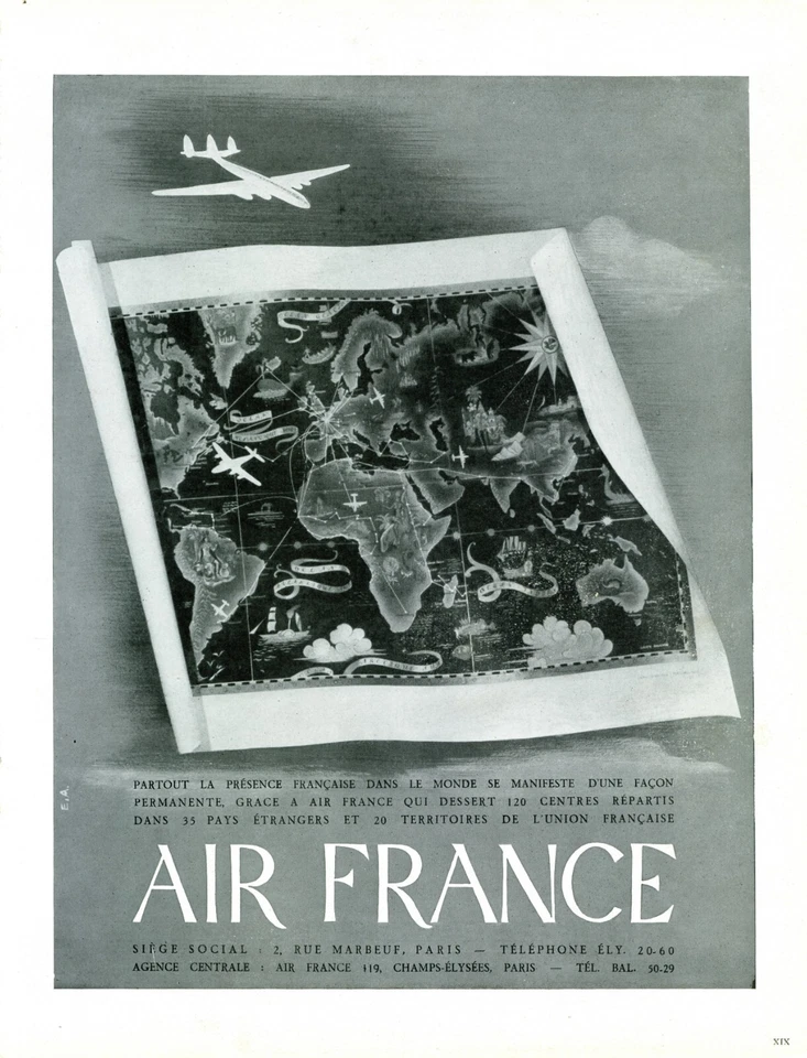 Anuncio impreso de viaje de Air France 1947 mapa de ruta anuncio de viaje de avión Foto 1 de 1