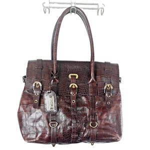 Badgley Mischka Messenger Bag Satchel Leather Croc Flap Top Embossed Brown Gold - Picture 1 of 11