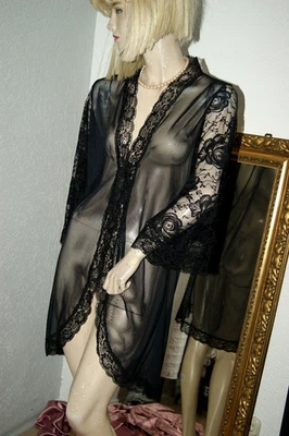 Zarter Negligee - Mantel * Morgenmantel schwarz Stretchtüll Spitzenärmel M/L - Bild 1 von 4