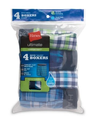 Hanes 4-Pack Boxer Briefs Ultimate Boys Woven ComfortSoft Waistband Plaids S-XL - Image 1 of 4