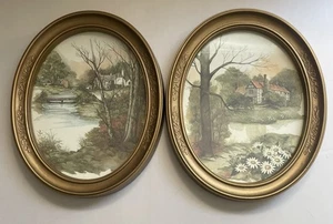 Set of 2 Vintage Homco Oval Framed Wall Prints Cottages 11" x 9" Cottage Core - Picture 1 of 12