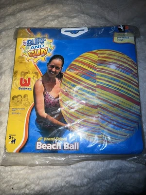 VTG Rare Bestway Surf And Sun Jumbo Striped Green Beach Ball 2002 48" Inflatable - Image 1 of 4