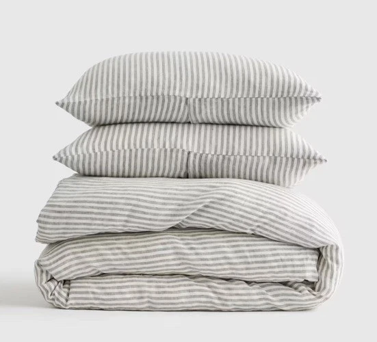 Conjunto completo de capa de edredom queen marmelo 2 fronhas linho orgânico cinza listra branca novo sem etiquetas - Imagem 1 de 4
