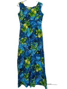 Maxi abito vintage anni 70 Royal Hawaiian 100% cotone blu verde ibisco taglia 12 - Foto 1 di 8
