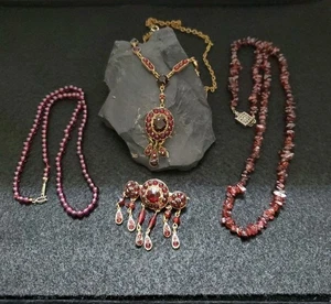 Antiguo victoriano austriaco? Juego de collar y broche de cristal rojo y 2 cuentas granate - Imagen 1 de 24