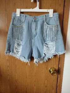 ZPITU NEW LADIES DENIM SHORTS FRAYED RAW HEM WITH RHINESTONES TASSLES SIZE LARGE - Picture 1 of 17
