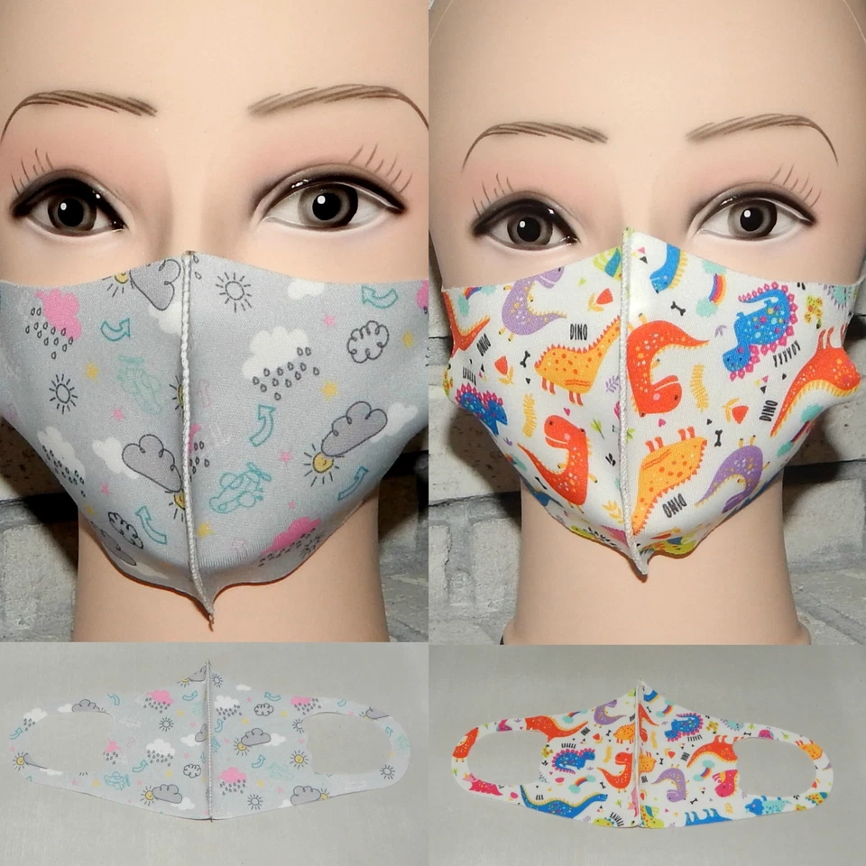 LOT OF 2 KIDS GIRLS BOYS CLOUDS & DINOSAURS WASHABLE STRETCH FACE MASK INDIANA - Image 1 of 1