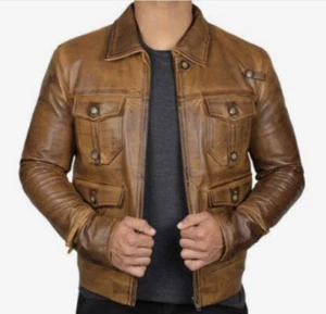 Handgefertigte Vintage gewachste braune Lederjacke im Used-Look mit mehreren Taschen - Bild 1 von 3