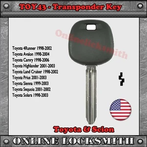 New Replacement Toyota Transponder Ignition Chipped Key TOY43AT4 Uncut Blade - Picture 1 of 1