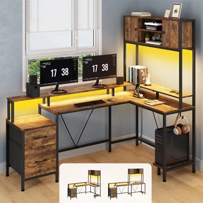 L Shaped Computer Desk with LED Lights,Drawers &Storage Cabinet Home Office Desk - Image 1 of 4