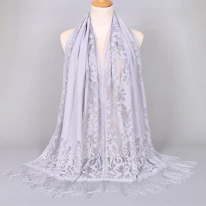 Pure Color Breathable Lace Scarf Embroidered Flower Scarves Long Tassel Shawls - Picture 1 of 51