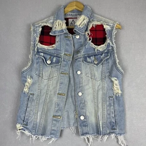 UNIF Trucker Vest Donna M Distressed Denim Cut Off Grunge Punk Y2K Rielaborato - Foto 1 di 18
